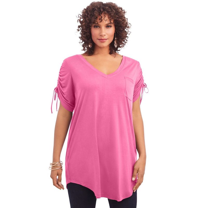 Roaman's Women's Plus Size Ruched-Sleeve Ultra Femme Tunic, 1 of 2
