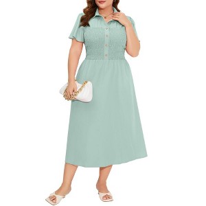 Women's Plus Size Dress Summer Button Down Smocked Midi Dress Short Sleeve Sundress - 1 of 4