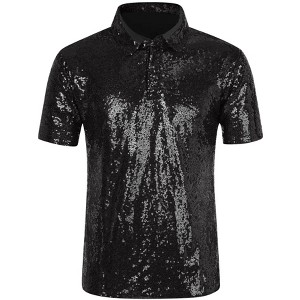 INSPIRE CHIC Men's Short Sleeves Club Party Shiny Sequin Polo Shirts - 1 of 4