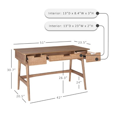 Ryker Natural Rattan and Wood Desk with Drawers