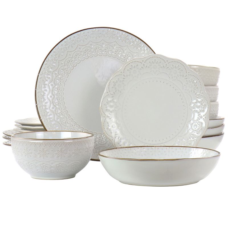 Elama Countess 16 Piece Embossed Double Bowl Stoneware Dinnerware Set in Ivory, 1 of 11