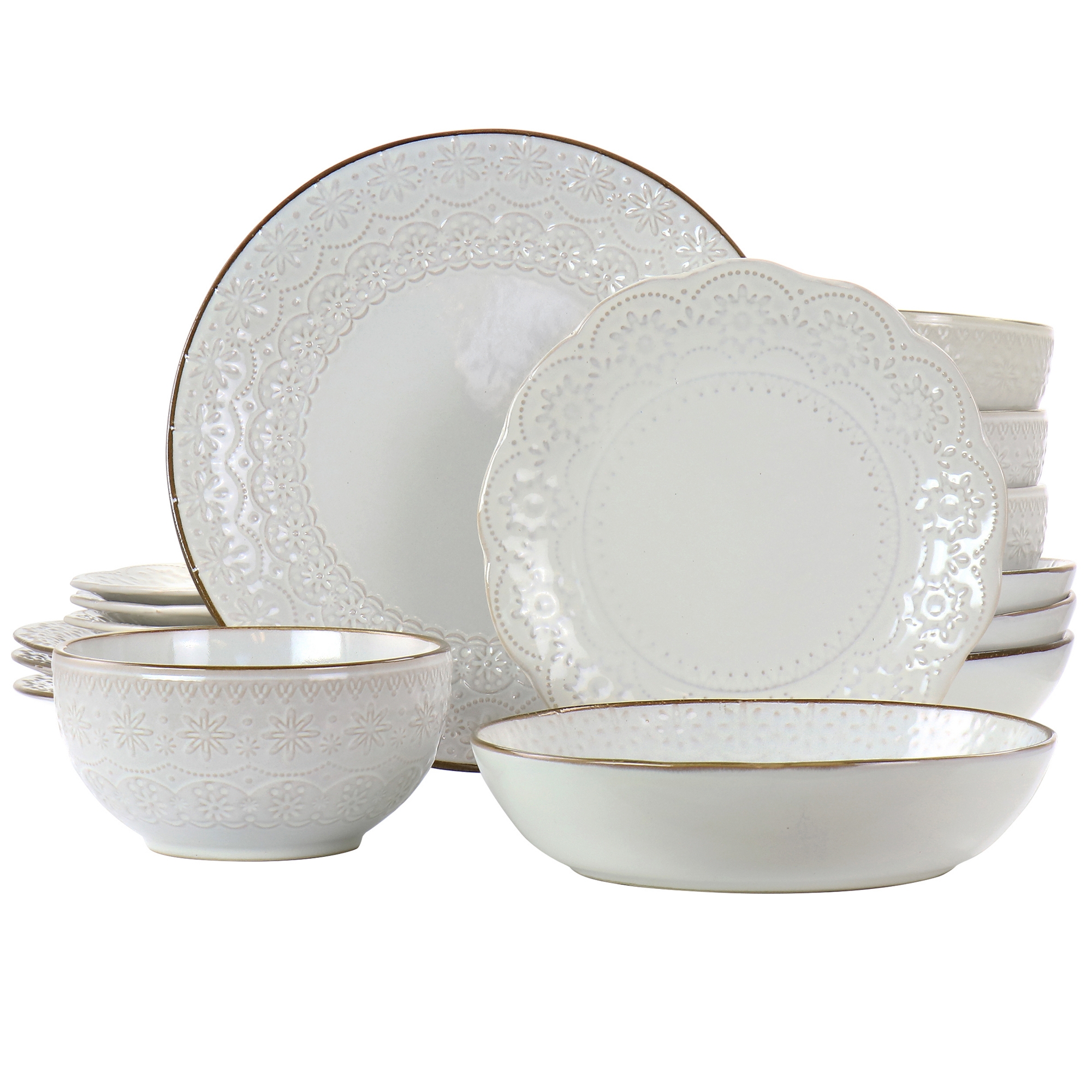Elama Countess 16 Piece Embossed Double Bowl Stoneware Dinnerware Set in Ivory