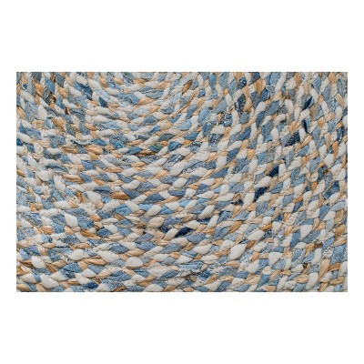 Handmade Braided Blue & White Round Wool-Cotton Blend Rug