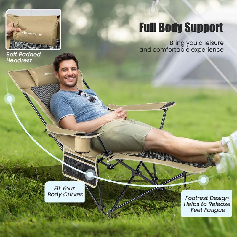 Costway Folding Camping Chair with Detachable Footrest for Fishing, Camp, Picnics Khaki/Grey, 5 of 11