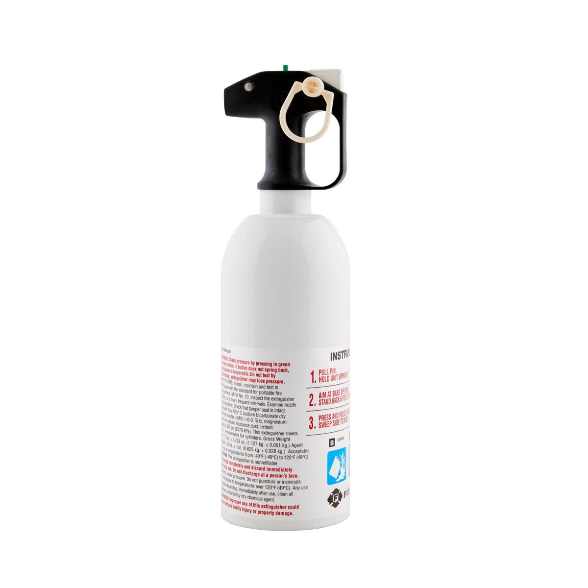 First Alert Kitchen Fire Extinguisher: Steel, 5-B:C UL Rating, 6 ft Range, 300 psi, 10-Year Warranty