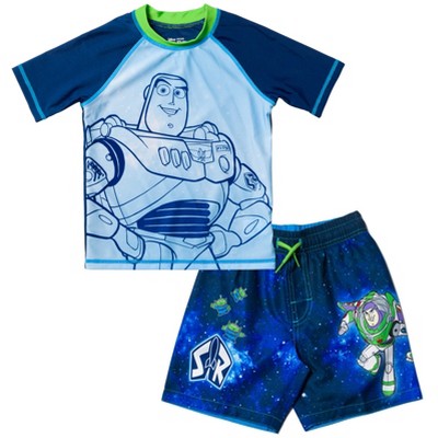 Disney Pixar Toy Story Alien Rex Slinky Dog Woody Baby Pullover Rash Guard and Swim Trunks Outfit Set Infant to Little Kid 