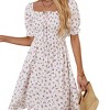 Women's Square Neck Short Sleeve Smocked Ruffled Hem Floral Midi Dress - 3 of 4