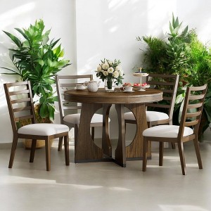 5-Piece Round Extendable Dining Table Set for 4 with Unique Geometric Base & Upholstered Chairs, 5-Piece Retro Dining Set for Kitchen & Dining Room - 1 of 4