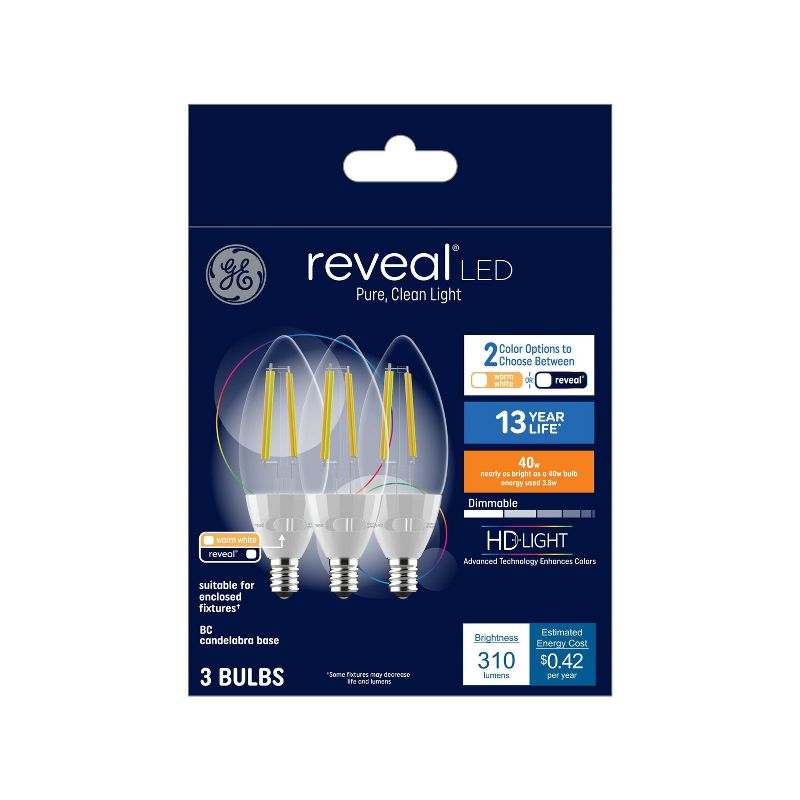 GE 3pk 3.5 Watts Color Select Warm White or Reveal Candelabra Base Reveal LED Decorative Light Bulbs, 1 of 7