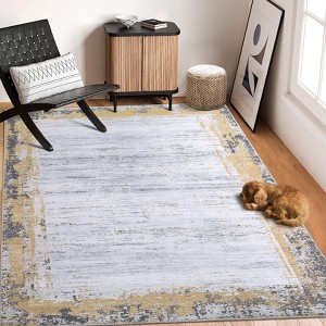 Modern bordered runner. Washable, distressed, long vintage rug. Non-shedding; for hallways, kitchens, rooms. - 1 of 4