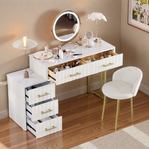FONTOI 55.1"W Velvet Upholstered Vanity Desk with Chair 5 Drawers and Adjustable Storage for Bedroom Dressing Room, Beige, 55.1"*15.7"*30.51" - 1 of 4