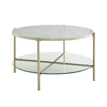 Modern Glam Faux Marble Round Coffee Table White/Gold - Saracina Home