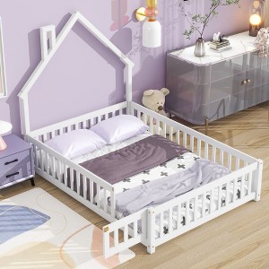 Full House-Shaped Headboard Bed with Handrails ,slats ,Natural，White - 1 of 4