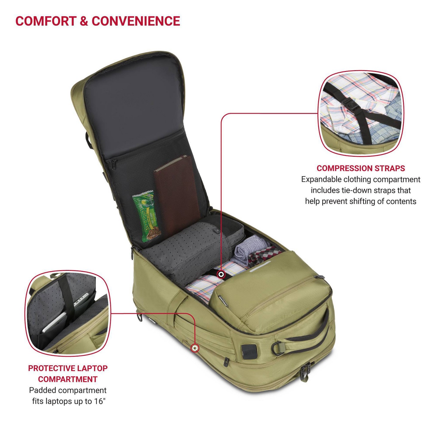 Рюкзак SWISSGEAR 45L Travel with Pockets Fits 17" Laptop - Olive Green, цвет: Оливковый — фото 5