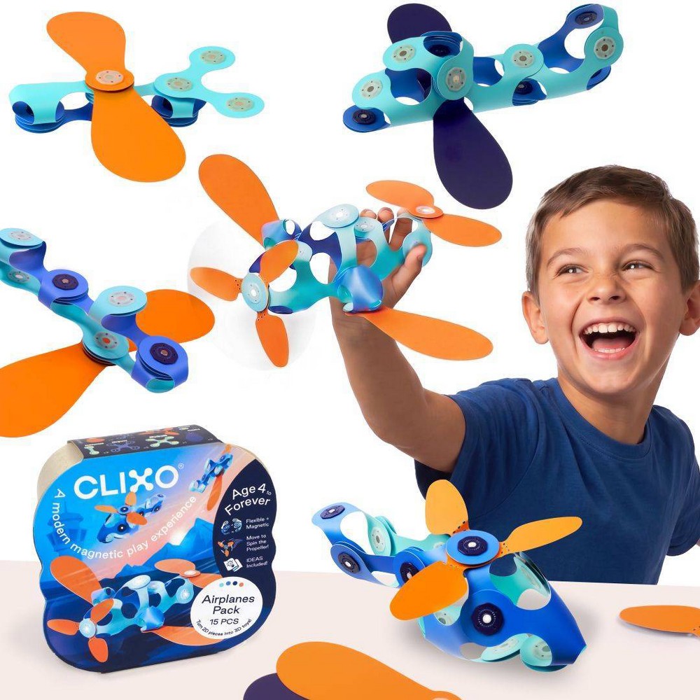 Clixo Airplanes Magnetic Set: 15 Flexible Piece STEM Building Set for Kids Ages 6+