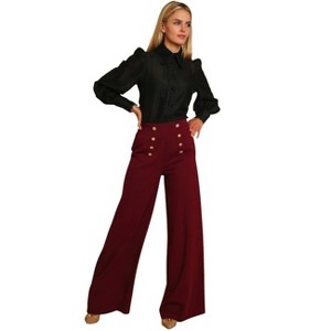 Slickblue Women's Wide Leg Pants, High Waist Dress Style with Buttons, 100% Polyester, Pomegranate/Denim, Size S-L - 1 of 4