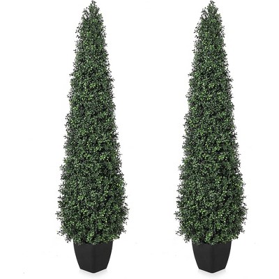 Artificial Boxwood Topiary Trees, Cone Shape Fake Plant with Modern Black Planter, Set of 2