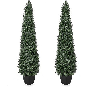 Artificial Boxwood Topiary Trees, Cone Shape Fake Plant with Modern Black Planter, Set of 2 - 1 of 4