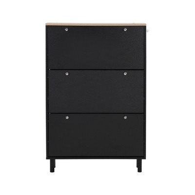 TIRAMISUBEST 3-Tier Flip-Down Shoe Cabinet - Space-Saving Narrow Entryway Storage Organizer with Tipping Bucket Drawers in Black