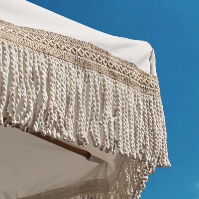 Ivory Chevron 9' Boho Patio Umbrella with Wooden Pole and Cotton Fringe