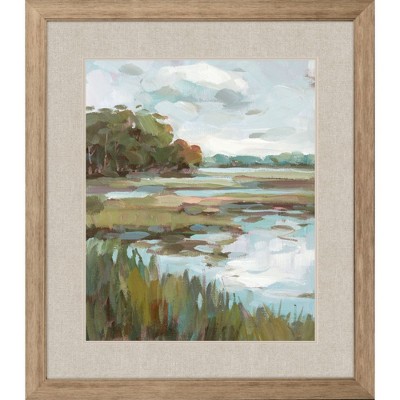 HomeRoots Riverside View Watercolor Waterscape Distressed Frame Wall Art