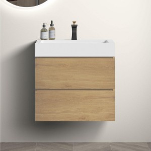 FAMYYT 24 in. Single Sink Floating Oak Bath Vanity with White Ceramic Top (Assembled), Double Drawers - 1 of 4