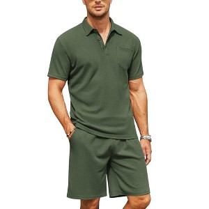 COOFANDY Men's Waffle Knit Polo Shirt and Shorts Set 2 Pieces Outfits Summer Suit Casual Tracksuit with Pockets - 1 of 4