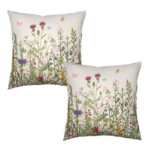 Spring Vintage Floral Pillow Covers 18x18 Set of 2 Sage Green Wildflower Plant - 1 of 4