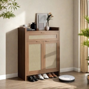 32.4" Farmhouse Rattan Shoe Cabinet - Boho Style 5-Tier Storage Organizer with Doors & Shelves for Entryway, Hallway & Closet (Oak Finish) - 1 of 4