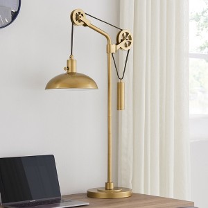 Hudson and Canal 33.5" Tall Spoke Wheel Pulley System Table Lamp with Metal Shade Brass: Adjustable Height, Industrial Design - 1 of 4