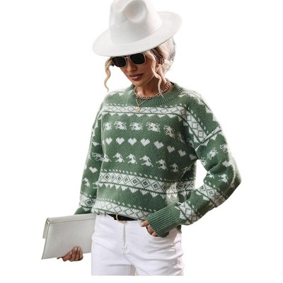 Women's Sweater Pullover Christmas Pattern Crew Neck Warm Knit Top, Green, S