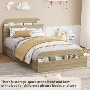 Twin Size Wooden Bed Frame with Storage Headboard and Raised Footboard, Low-Profile Platform Bed with Sturdy Wooden Slats, No Box Spring Needed - 1 of 4