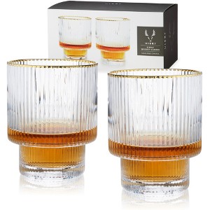 Viski Meridian Lowball Glasses Set of 2 - Vintage Drinking Tumblers - Art Deco Ripple Glassware Design,  12oz Gold Rimmed Crystal Drinking Set, Clear - 1 of 4