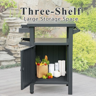 VYNXARIA Dark Grey Outdoor Grill Cart: Metal Storage Table with Wheels for BBQ & Gardening