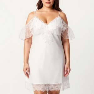Anna-Kaci Lounge Women's Plus Size Chiffon Chemise Ruffle Sleeve Lace Trim  Nightgown Adjustable Strap Sleep Dress