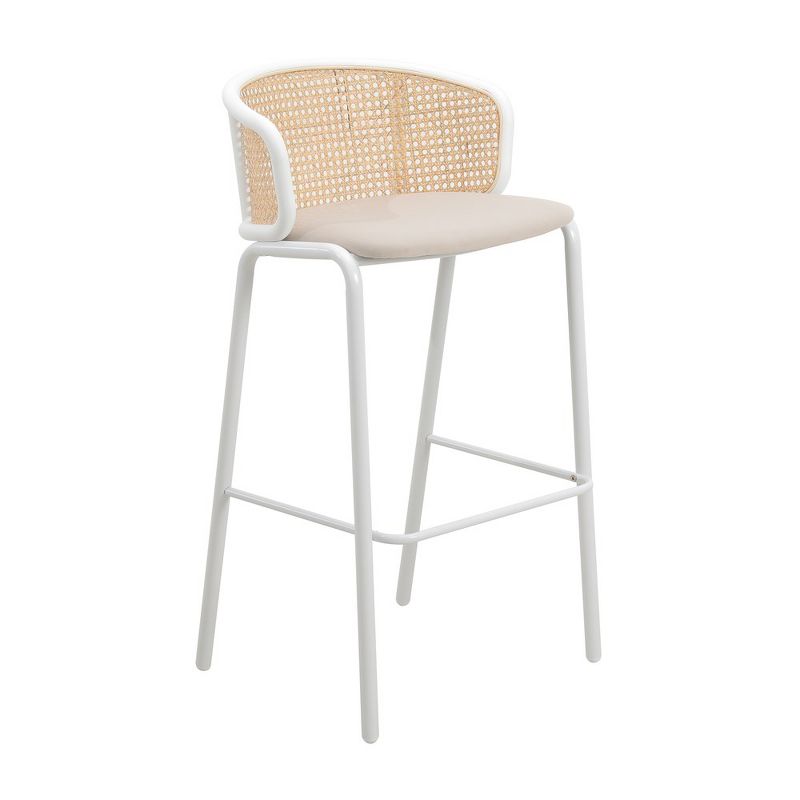 LeisureMod Ervilla Wicker Bar Stool with Fabric Seat and White Steel Frame, 1 of 4
