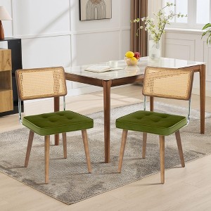 Mid Century Modern Dining Chairs with Natural Handwoven Rattan Cane Back and Upholstered Velvet Green Fabric, Featuring Sturdy Wooden Legs - 1 of 4