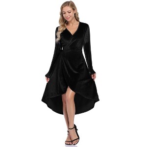 Women's Cocktail Dresses 2025, Formal Velvet Wedding Guest Ruffle Prom Party Evening Flowy Long Sleeve Dress V-Neck Vintage Dress - 1 of 4