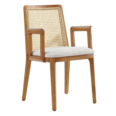 Modway Monarch Wood Dining Armchair – Cane Back and Padded Seat in Honey Natural with Ivory Heathered Weave, Mid-Century Modern Accent