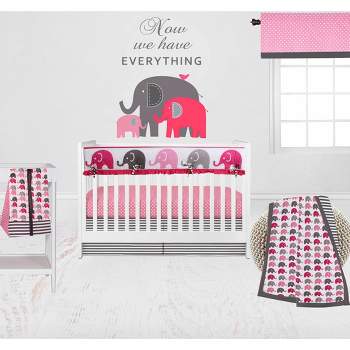 Bacati - Elephants Pink/Fuschia/Gray 6 pc Crib Bedding Set with Long Rail Guard Cover