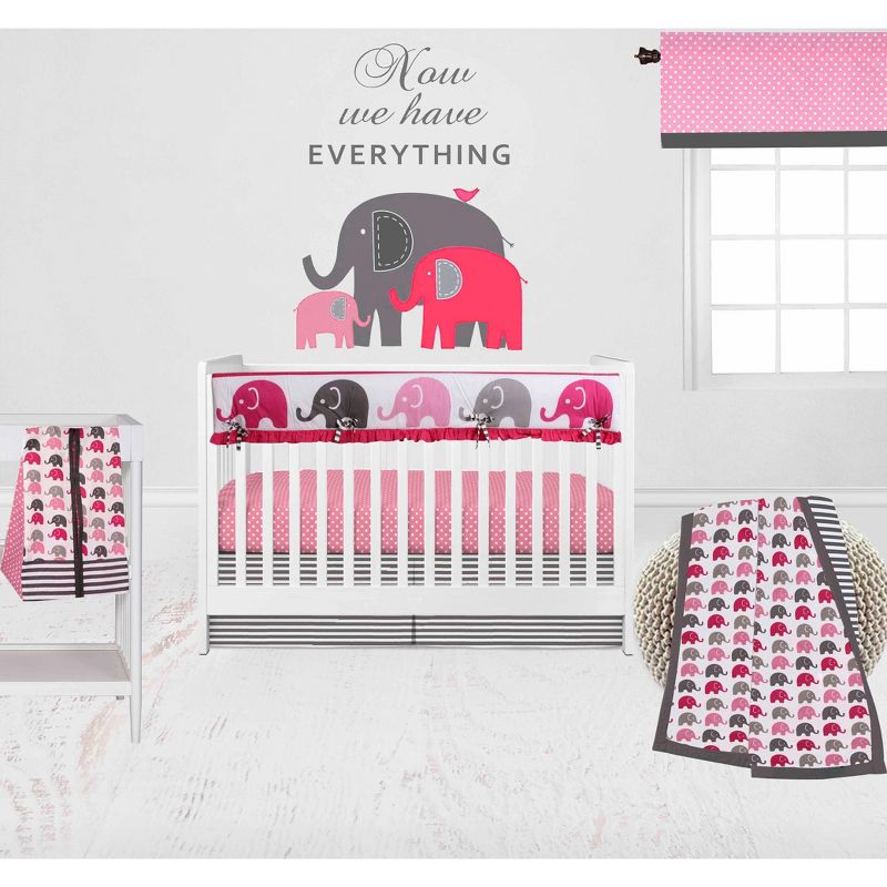 Bacati - Elephants Pink/Fuschia/Gray 6 pc Crib Bedding Set with Long Rail Guard Cover, 1 of 12