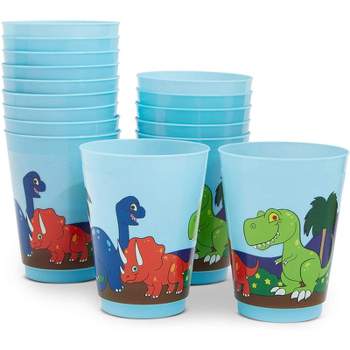 Blue Panda 16 Packs Plastic 16 oz Party Cups, Dinosaur Reusable Tumblers for Kids Boys Birthday, Blue