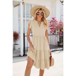 Women's Summer Casual Dress V Neck Short Sleeve Midi Sundress Party Dress Flowy Tiered Beach Dresses - 1 of 4
