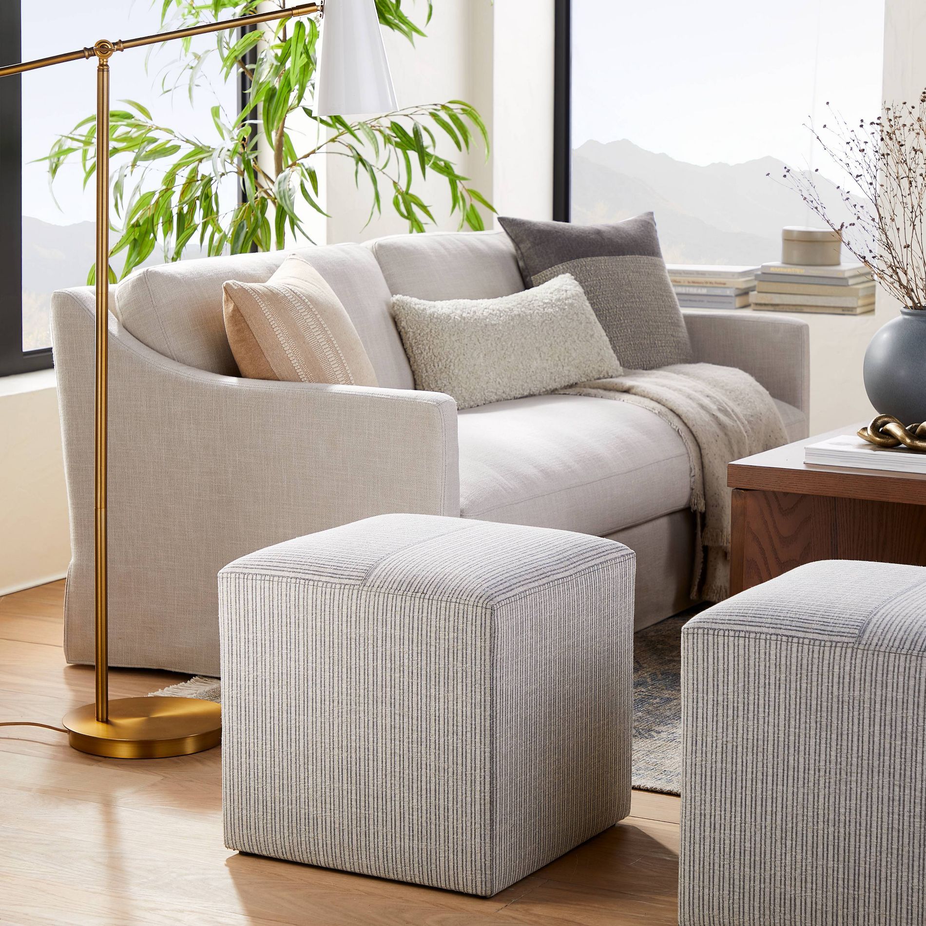 Lynwood Square Upholstered Cube Ottoman Tan/Navy Stripe - Threshold™ designed with Studio McGee, Fully Assembled