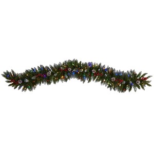 Nearly Natural 6' Pre-lit LED Extra Wide Flocked Tip Spruce with Pinecones and Berries Artificial Christmas Garland: Indoor Decoration - 1 of 4