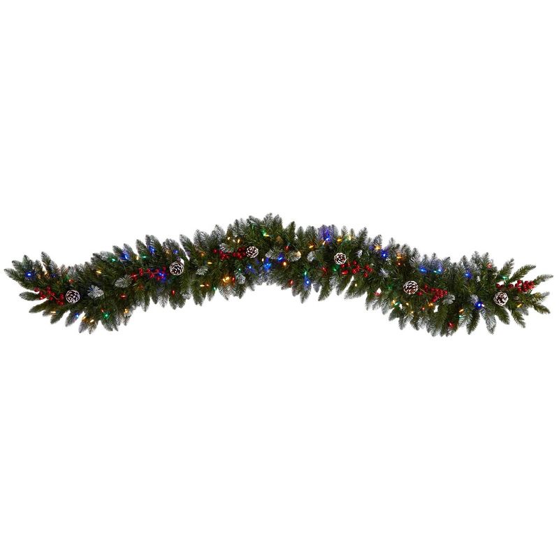 Nearly Natural 6&#39; Pre-lit LED Extra Wide Flocked Tip Spruce with Pinecones and Berries Artificial Christmas Garland Green with Multicolor Lights, 1 of 8