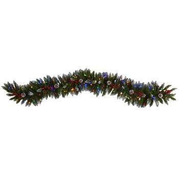 Nearly Natural 6' Pre-lit LED Extra Wide Flocked Tip Spruce with Pinecones and Berries Artificial Christmas Garland Green with Multicolor Lights