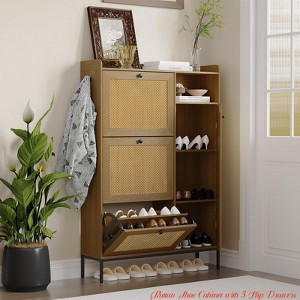 Hallway Rattan Shoe Cabinet w/ 3 Flip Drawers, Freestanding Organizer w/ Adjustable Shelves, Metal Knob, Narrow Shoe Rack Cabinet - 1 of 4