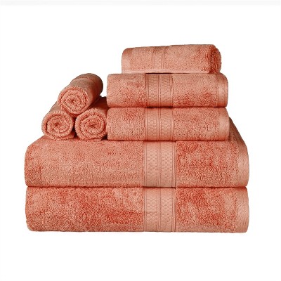 Decorative Assorted 8-Piece Cotton Luxury Bath Towel Set for Bathroom, 13 inch x 13, 16 x 30, 30 x 52, Coral by Blue Nile Mills, Orange