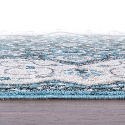Blue and Ivory Medallion Runner Rug with Jute Backing